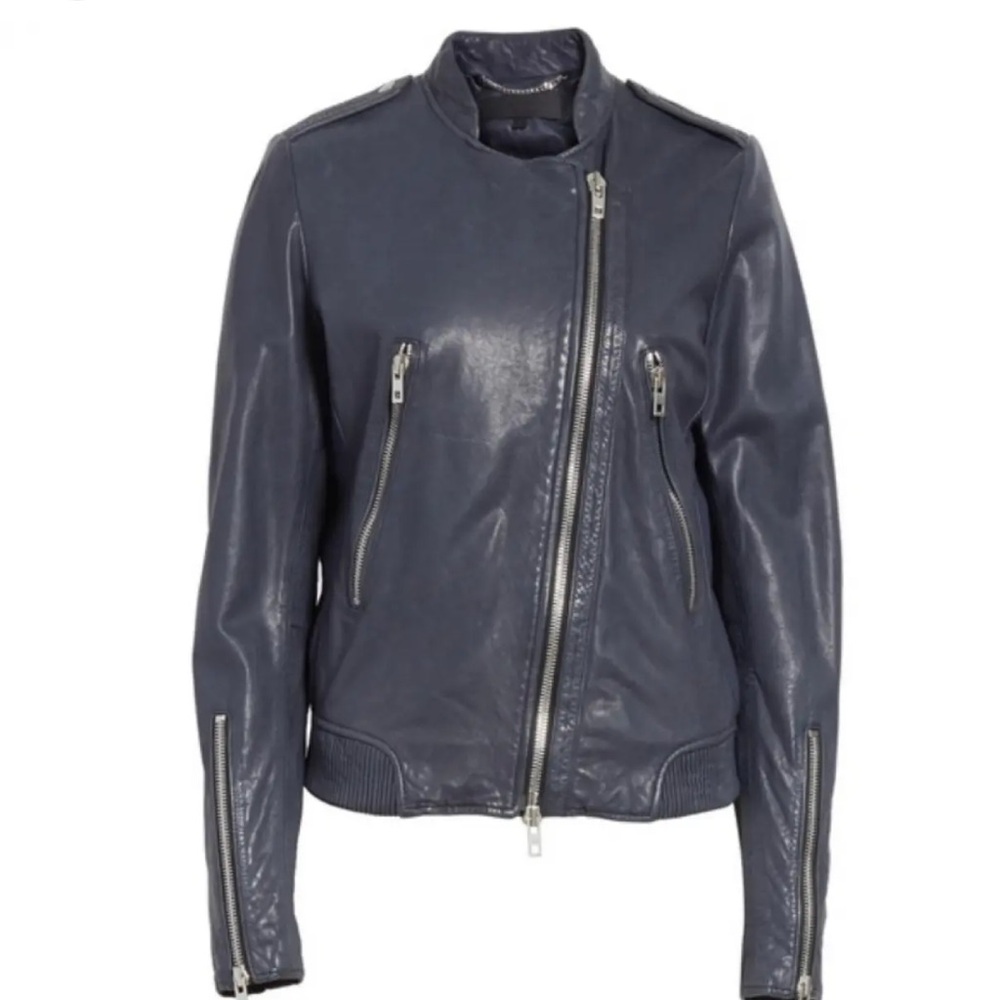 Rag & Bone LYON Moto Zipper Lamb Leather Jacket Navy